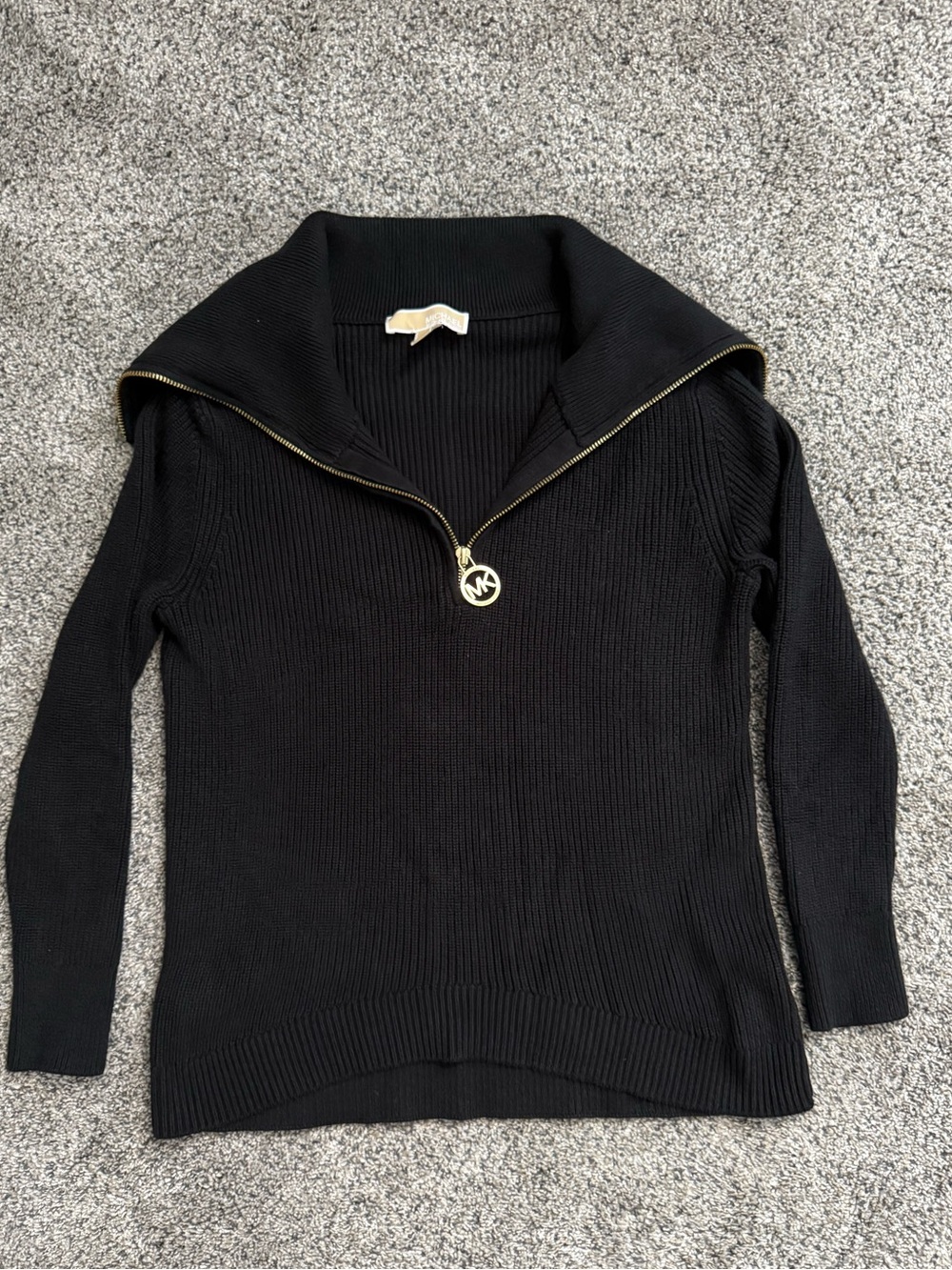Michael Kors Black Ribbed Zip-Front Sweater with Gold Hardware